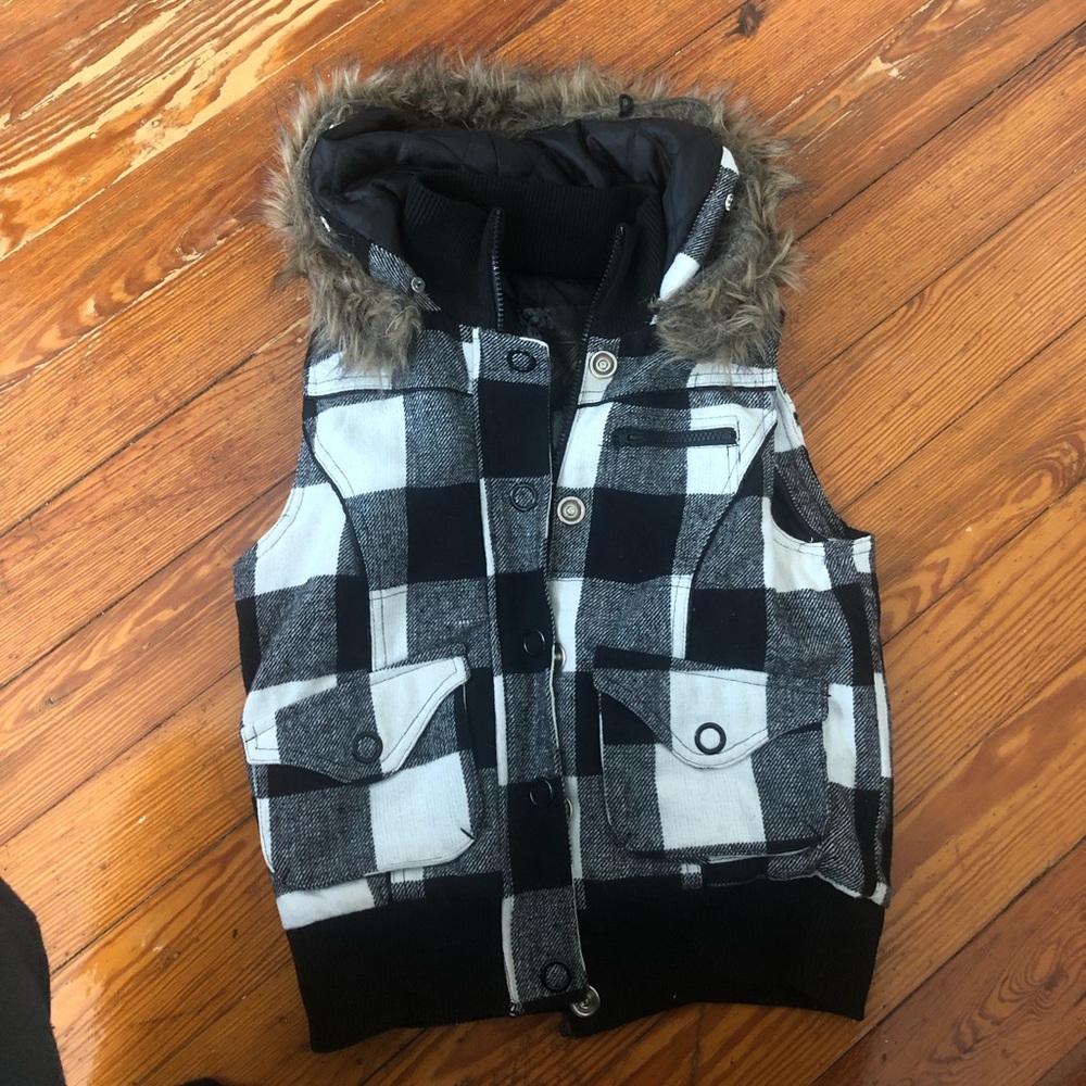 plaid vest with detachable fur hood